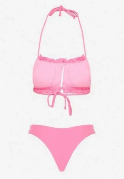 Różowe Bikini Majtki Figi Biustonosz z Wiązaniem Ozdobiony Marszczeniem Folinira