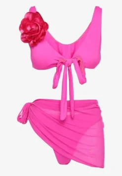 Różowe Bikini Majtki Figi Biustonosz z Broszką Kwiatu 3D i Siateczkowe Pareo Folissa