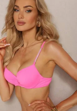 Różowe Bikini Usztywniany Biustonosz z Cyrkoniami i Spodenki Kąpielowe Wykończone Gumką w Pasie Rilamia