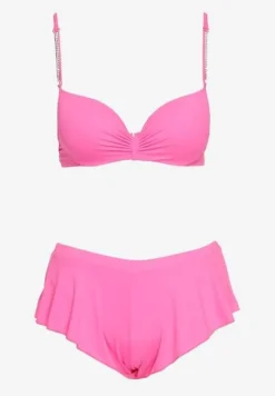 Różowe Bikini Usztywniany Biustonosz z Cyrkoniami i Spodenki Kąpielowe Wykończone Gumką w Pasie Rilamia