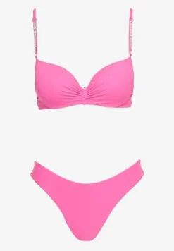 Różowe Bikini Usztywniany Biustonosz z Cyrkoniami i Spodenki Kąpielowe Wykończone Gumką w Pasie Rilamia