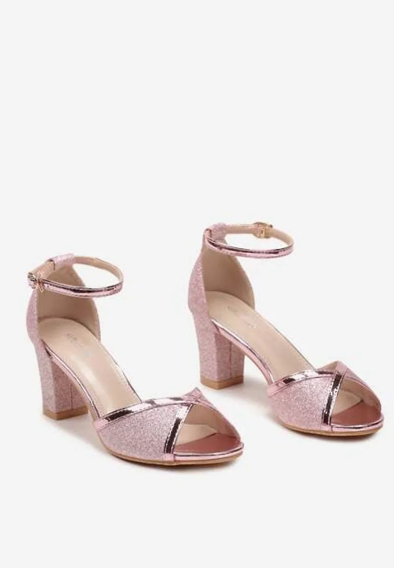 Różowe Brokatowe Sandały ze Sprzączką na Słupku z Metalicznymi Wstawkami Alpireva