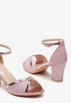 Różowe Brokatowe Sandały ze Sprzączką na Słupku z Metalicznymi Wstawkami Alpireva