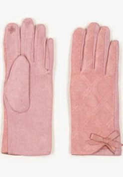 Różowe Rękawiczki Dzianinowe z Bawełną Ozdobione Kokardą Filremi