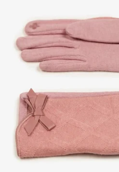 Różowe Rękawiczki Dzianinowe z Bawełną Ozdobione Kokardą Filremi