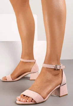 Różowe Sandały na Słupku z Imitacji Skóry Zdobione Elementami o Metalicznym Wykończeniu Aloeli
