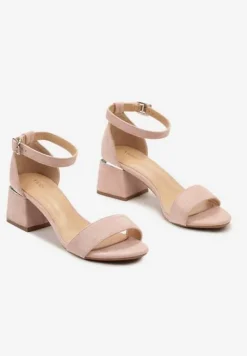 Różowe Sandały na Słupku z Imitacji Skóry Zdobione Elementami o Metalicznym Wykończeniu Aloeli