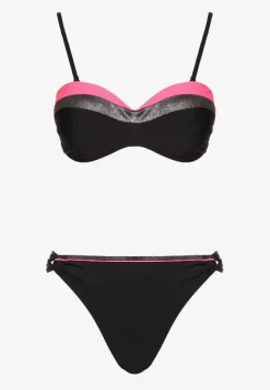 Różowo-Czarne Bikini z Metaliczną Nicią Usztywniany Biustonosz i Figi Mitelle