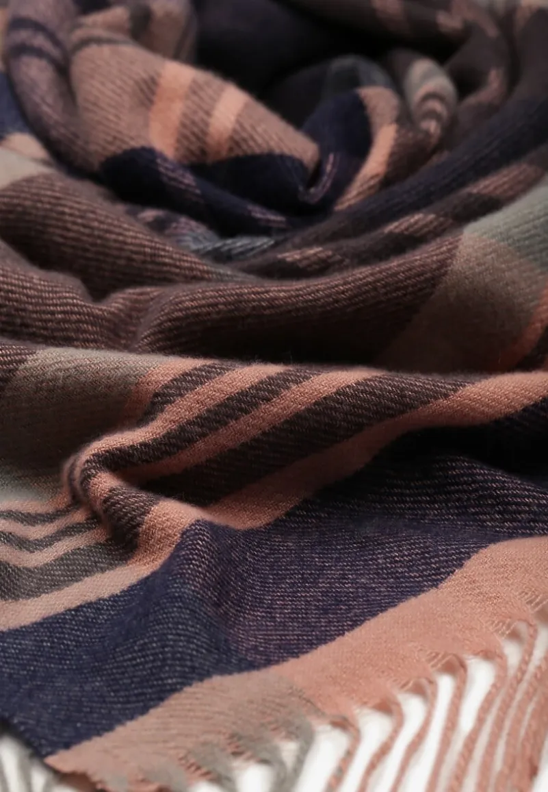 Różowo-Czarny Kraciasty Szalik z Wiskozy i Bawełny z Frędzlami Relavis