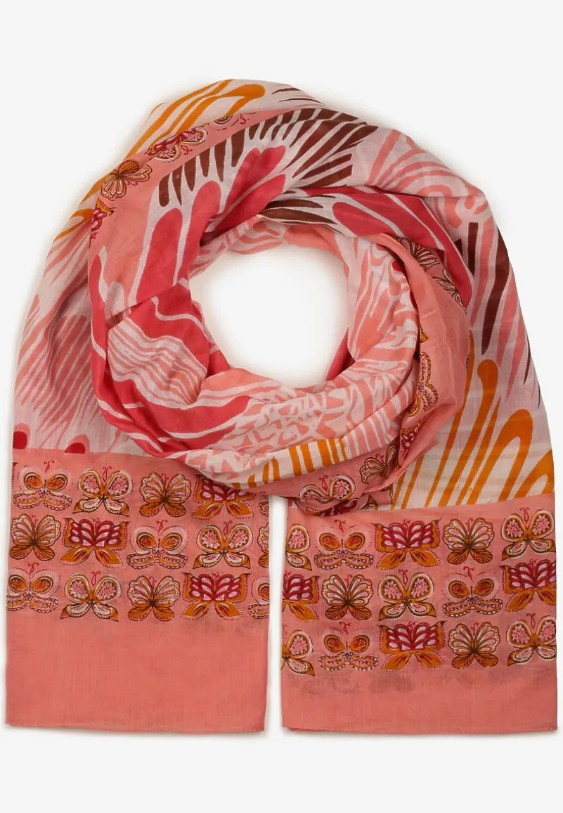 Różowo-Pomarańczowy Szalik w Stylu Apaszki z Bawełny z Motylami Geniosa