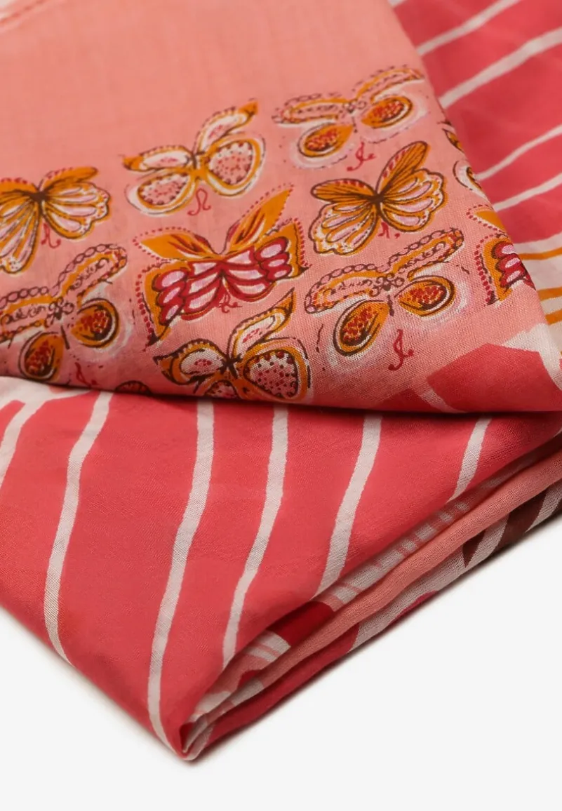 Różowo-Pomarańczowy Szalik w Stylu Apaszki z Bawełny z Motylami Geniosa