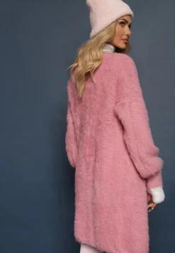 Różowy Kardigan Niezapinany z Wełną i Wsuwanymi Kieszeniami Rianessa