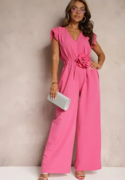 Różowy Kombinezon Wykończony Prostymi Szerokimi Nogawkami z Wiskozą i Kwiatem 3D Dimentia