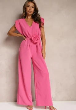 Różowy Kombinezon Wykończony Prostymi Szerokimi Nogawkami z Wiskozą i Kwiatem 3D Dimentia