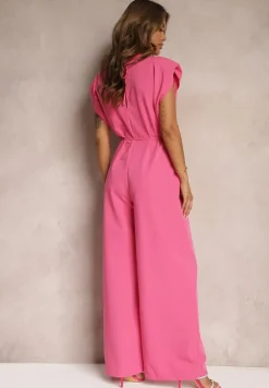 Różowy Kombinezon Wykończony Prostymi Szerokimi Nogawkami z Wiskozą i Kwiatem 3D Dimentia