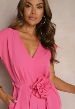 Różowy Kombinezon Wykończony Prostymi Szerokimi Nogawkami z Wiskozą i Kwiatem 3D Dimentia