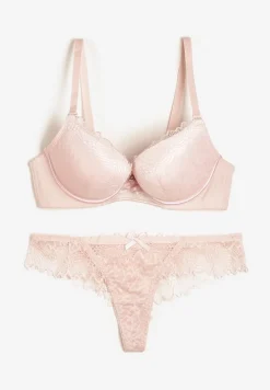 Różowy Komplet Biustonosz Push Up i Majtki Ozdobione Romantyczną Koronką Zeril