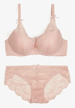 Różowy Komplet Koronkowy z Kokardkami Majtki typu Figi i Biustonosz Full Cup Iriniues