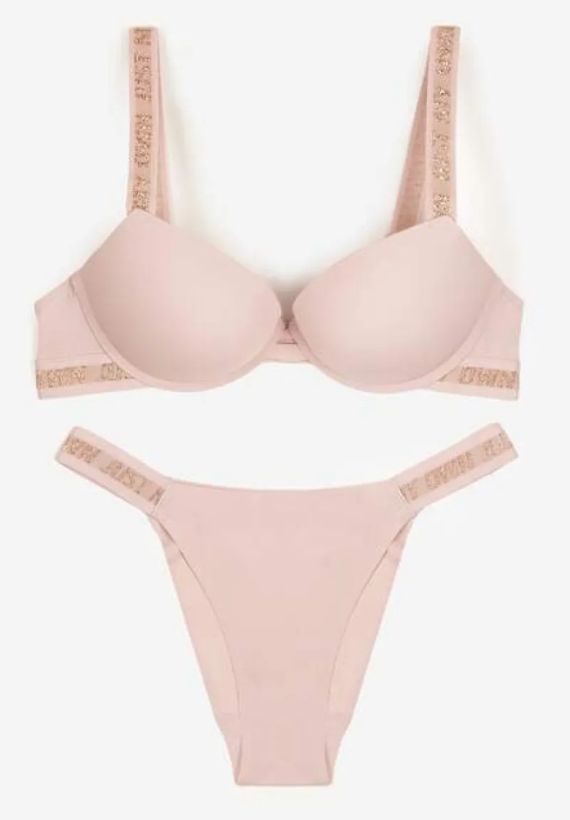 Różowy Komplet Ozdobiony Napisami z Biustonoszem z Efektem Push-Up i Majtkami Bralicia