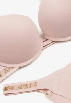 Różowy Komplet Ozdobiony Napisami z Biustonoszem z Efektem Push-Up i Majtkami Bralicia