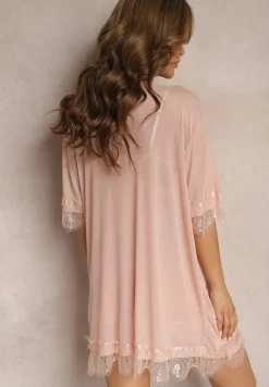 Różowy Komplet Piżamowy z Siateczki Koszula Nocna Szlafrok Stringi Liamara