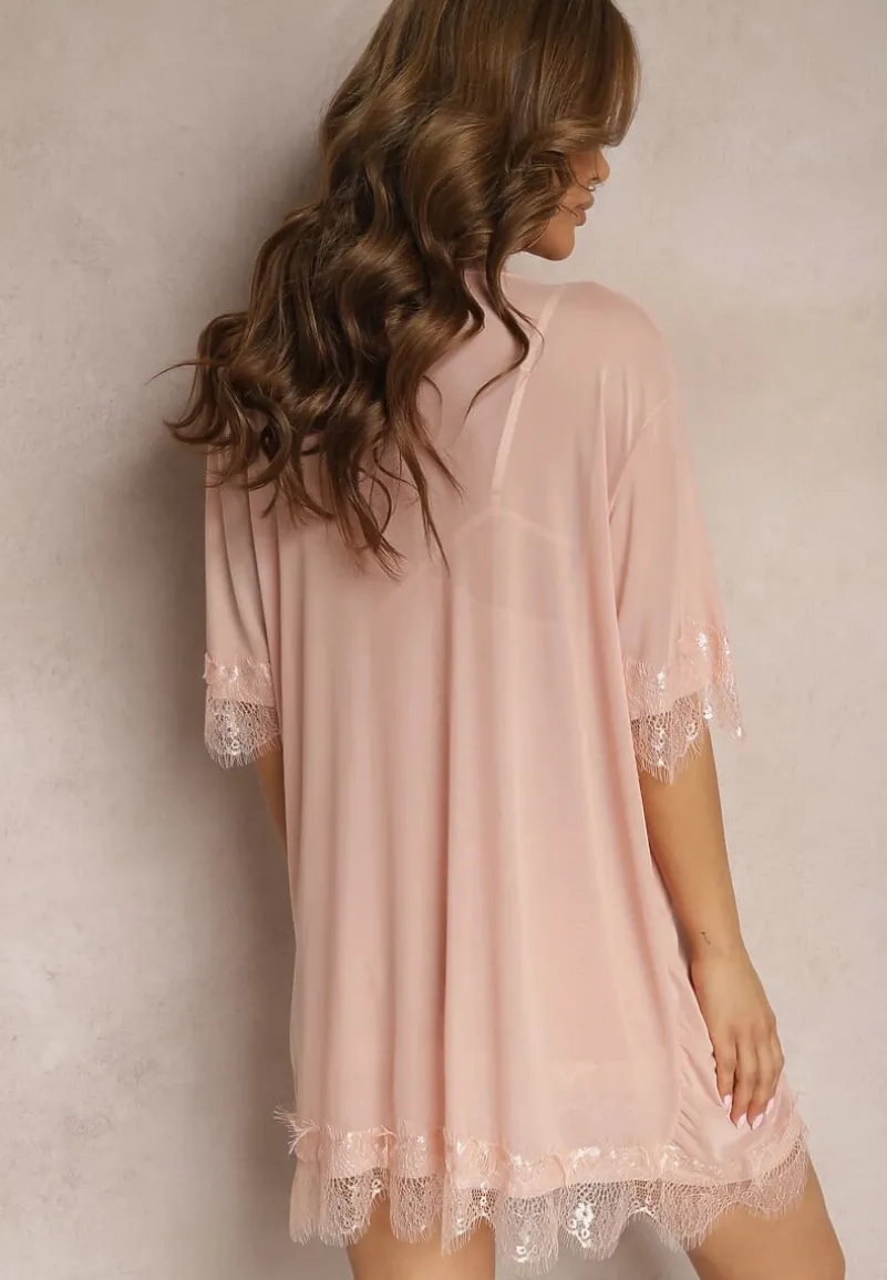 Różowy Komplet Piżamowy z Siateczki Koszula Nocna Szlafrok Stringi Liamara