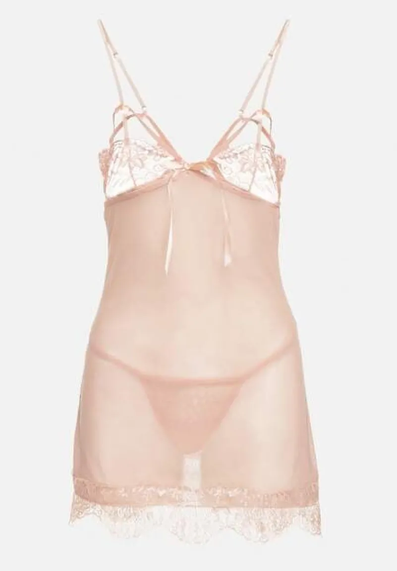 Różowy Komplet Piżamowy z Siateczki Koszula Nocna Szlafrok Stringi Liamara