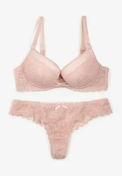 Różowy Koronkowy Komplet Bielizny Biustonosz Usztywniony Push Up i Stringi Jasminesa