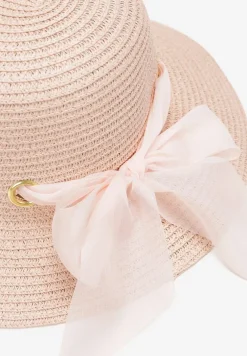Różowy Pleciony Kapelusz z Kokardką i Szerokim Rondem Maronia