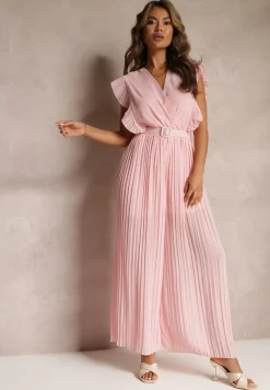 Różowy Plisowany Kombinezon z Falbankami i Szerokimi Nogawkami Jarina