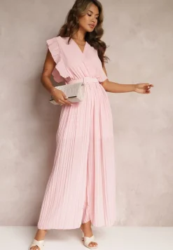 Różowy Plisowany Kombinezon z Falbankami i Szerokimi Nogawkami Jarina