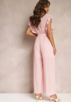 Różowy Plisowany Kombinezon z Falbankami i Szerokimi Nogawkami Jarina