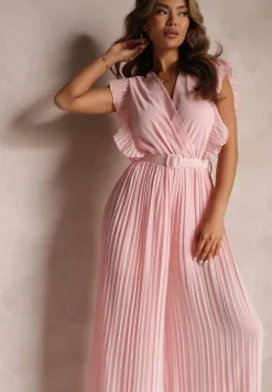 Różowy Plisowany Kombinezon z Falbankami i Szerokimi Nogawkami Jarina