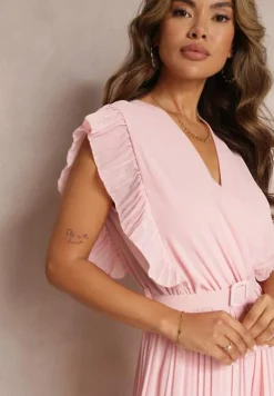 Różowy Plisowany Kombinezon z Falbankami i Szerokimi Nogawkami Jarina