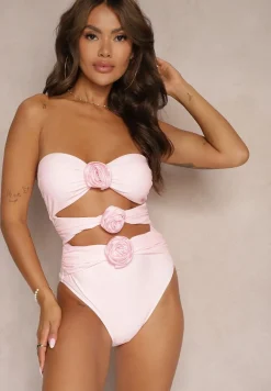 Różowy Strój Kąpielowy Jednoczęściowy Bez Ramiączek z Aplikacją Kwiatu Nansilah