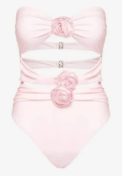 Różowy Strój Kąpielowy Jednoczęściowy Bez Ramiączek z Aplikacją Kwiatu Nansilah