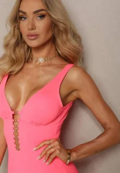 Różowy Strój Kąpielowy Jednoczęściowy Ozdobiony Wycięciami z Wyjmowanymi Miseczkami Tulbia