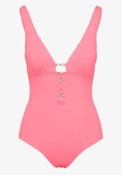 Różowy Strój Kąpielowy Jednoczęściowy Ozdobiony Wycięciami z Wyjmowanymi Miseczkami Tulbia