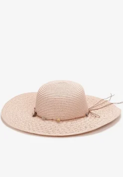 Różowy Szeroki Kapelusz Pleciony ze Sznurkiem z Kamyczkami Chira