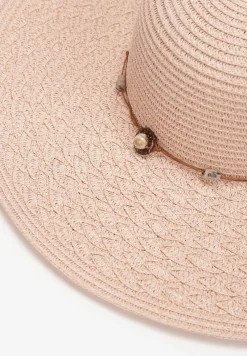 Różowy Szeroki Kapelusz Pleciony ze Sznurkiem z Kamyczkami Chira