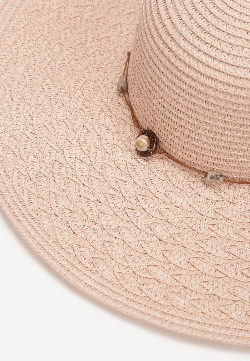 Różowy Szeroki Kapelusz Pleciony ze Sznurkiem z Kamyczkami Chira