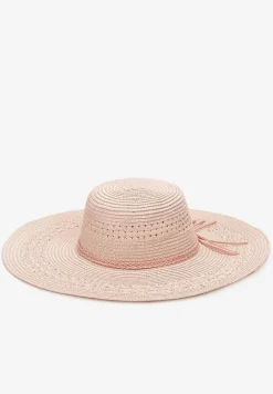 Różowy Szeroki Kapelusz z Plecionki z Dodatkowymi Rzemykami Dorinemia