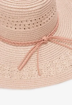 Różowy Szeroki Kapelusz z Plecionki z Dodatkowymi Rzemykami Dorinemia