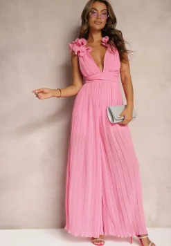 Różowy Taliowany Koktajlowy Kombinezon z Szerokimi Nogawkami Ozdobiony Falbanami Gealfrea