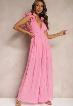 Różowy Taliowany Koktajlowy Kombinezon z Szerokimi Nogawkami Ozdobiony Falbanami Gealfrea