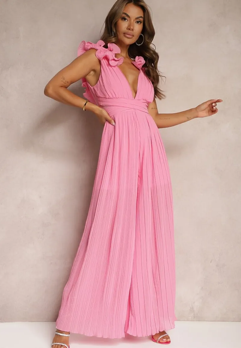 Różowy Taliowany Koktajlowy Kombinezon z Szerokimi Nogawkami Ozdobiony Falbanami Gealfrea