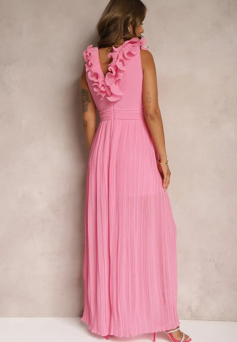 Różowy Taliowany Koktajlowy Kombinezon z Szerokimi Nogawkami Ozdobiony Falbanami Gealfrea