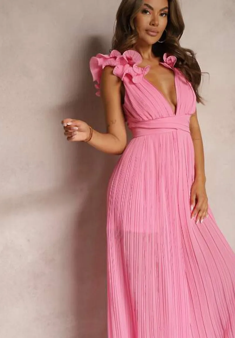 Różowy Taliowany Koktajlowy Kombinezon z Szerokimi Nogawkami Ozdobiony Falbanami Gealfrea