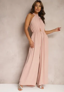 Różowy Taliowany Kombinezon ze Ściągaczem w Talii i Wiązaniem przy Szyi Rivasiris