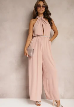 Różowy Taliowany Kombinezon ze Ściągaczem w Talii i Wiązaniem przy Szyi Rivasiris